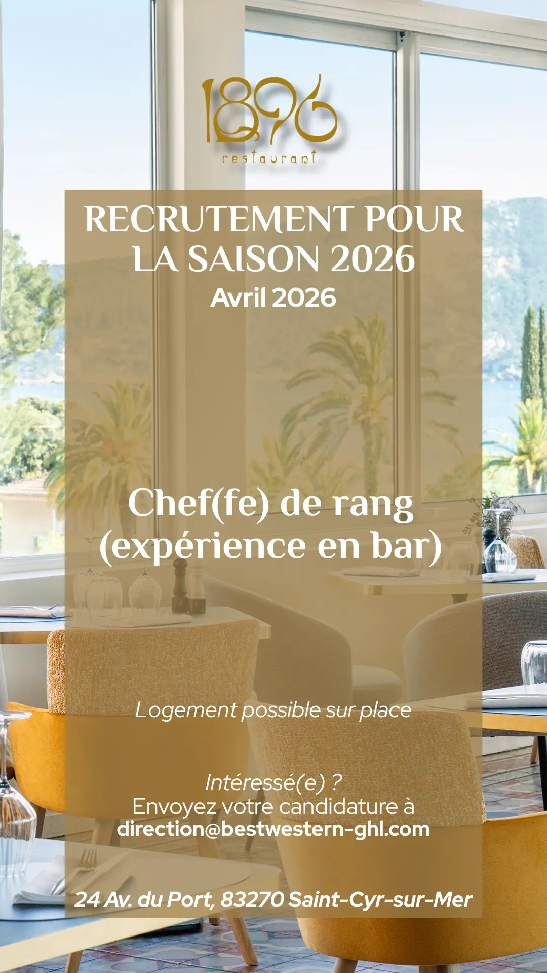 Offre d emploie chef de rang Grand Hôtel des Lecques Saint Cyr sur Mer var